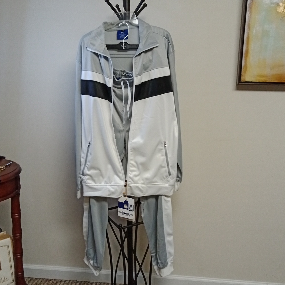 Men's Tracksuit By Royal Threads,Grey, White, with black stripes across front.